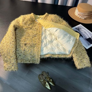 鎏金气质名媛小香风外套女2025秋冬新款老钱夹棉羽绒服鹅黄色棉衣