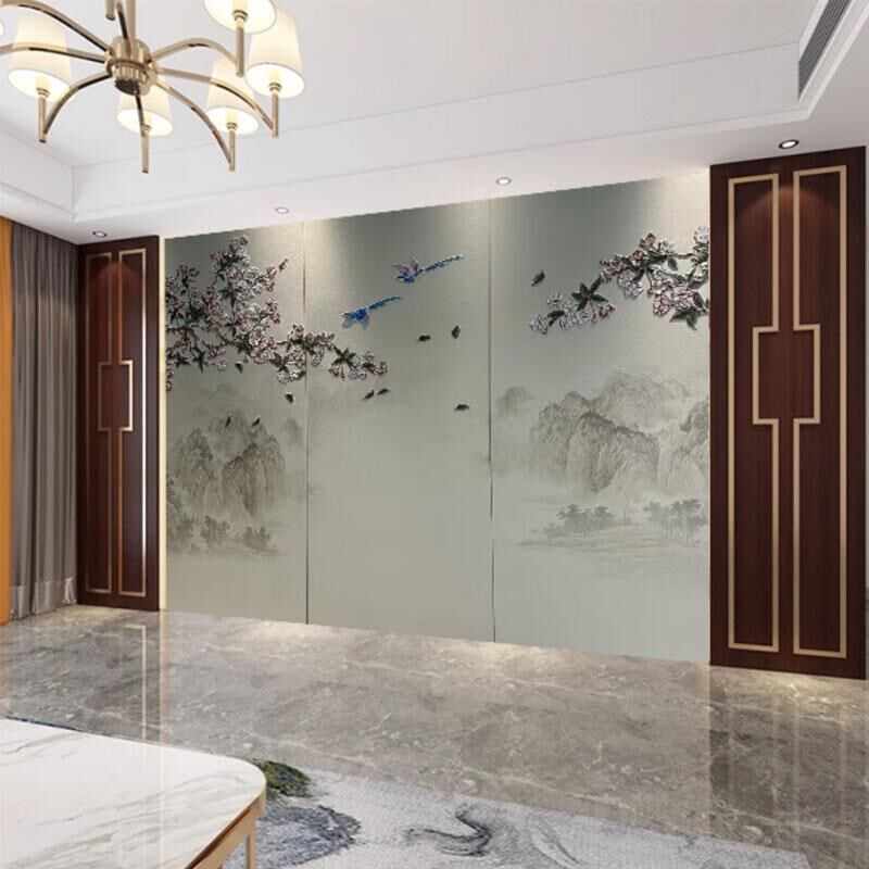 新中式刺绣硬包卧室床头r沙发硬包背景墙刺绣壁画布山水喷绘画独