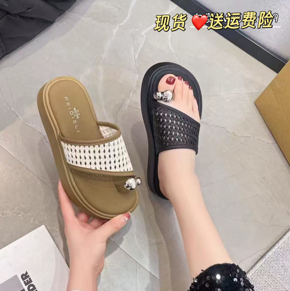 魅克拉镂空凉拖女2025夏季新款复古编织软底沙滩套趾凉拖鞋女5266