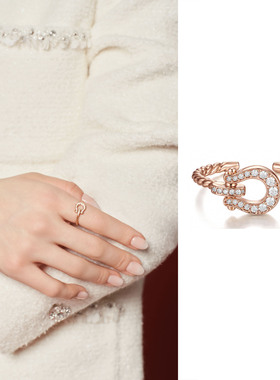 abyb马蹄哒哒戒指玫瑰金满钻开口戒U型马蹄扣闪耀本命年礼物