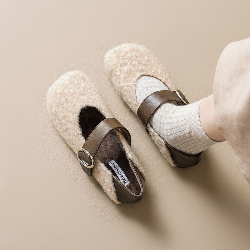 秋冬毛毛棉鞋平底威威带玛丽女郎