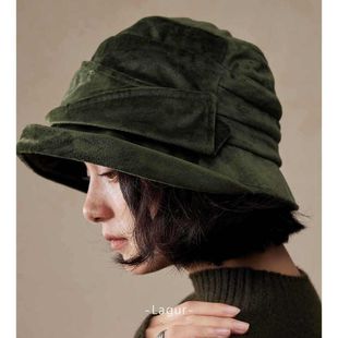 褶皱新款 Red 加厚保暖渔夫帽卷边冬季 丝绒礼帽 女 wine低调奢品