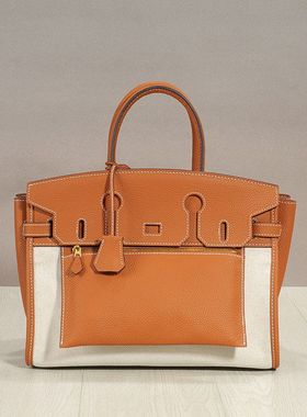 走秀款福宝皮马鞍皮反面铂金包拼接帆布真皮头层牛皮手提包