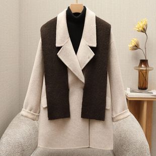 大衣呢中长款披肩修身双面外套秋冬针织围巾新款设计感连帽羊绒女