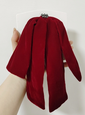 永诗酒红色轻奢超滑手感丝绒长飘带蝴蝶结马尾抓