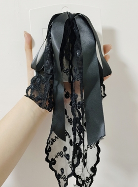 （满15包邮发货）永诗刺绣法式蕾丝长飘带蝴蝶结马尾抓