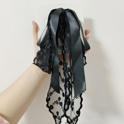 （满15包邮发货）永诗刺绣法式蕾丝长飘带蝴蝶结马尾抓