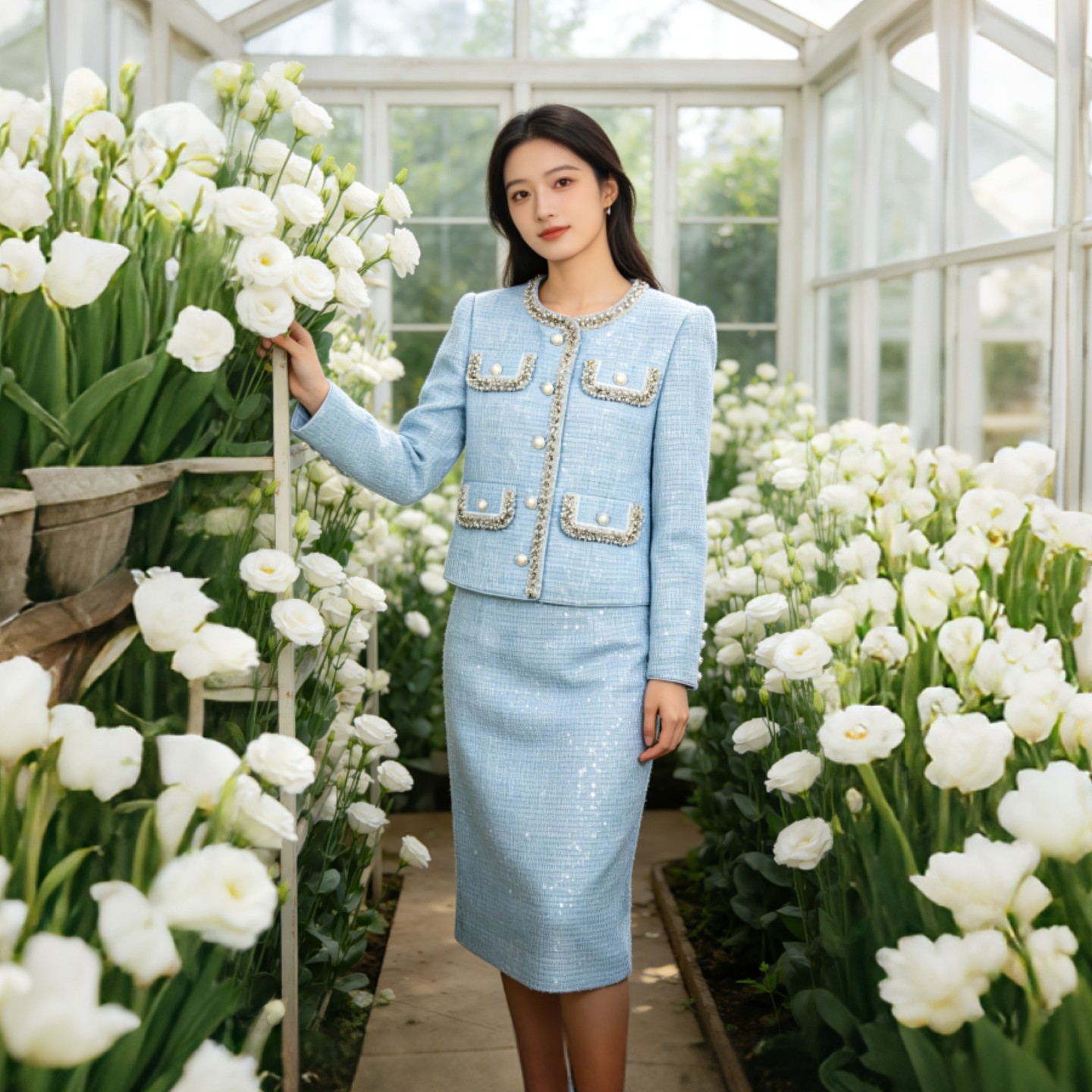 春装新款花边短款羊毛长袖名媛钉珠粗花呢小香风外套+半身裙套装