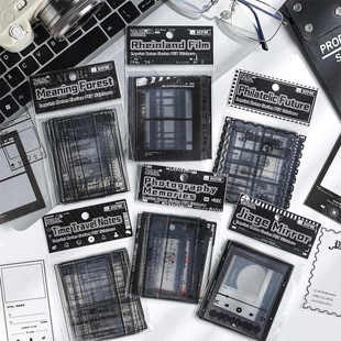 复古黑白印象胶片主题素材贴纸包PET防水高级感儿童DIY手工手账日记装饰素材贴画拍照相框墙贴装饰贴画封口贴