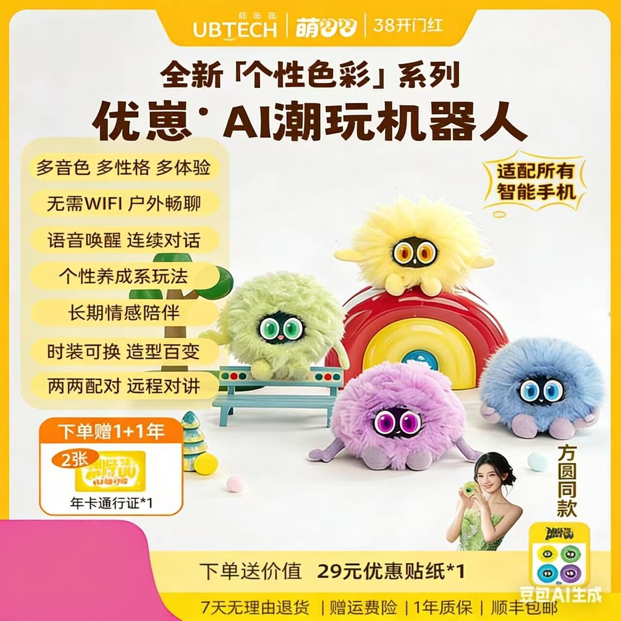 优必选萌UU萌崽AI智能陪伴机器人对话情感电子宠物毛绒玩具礼物