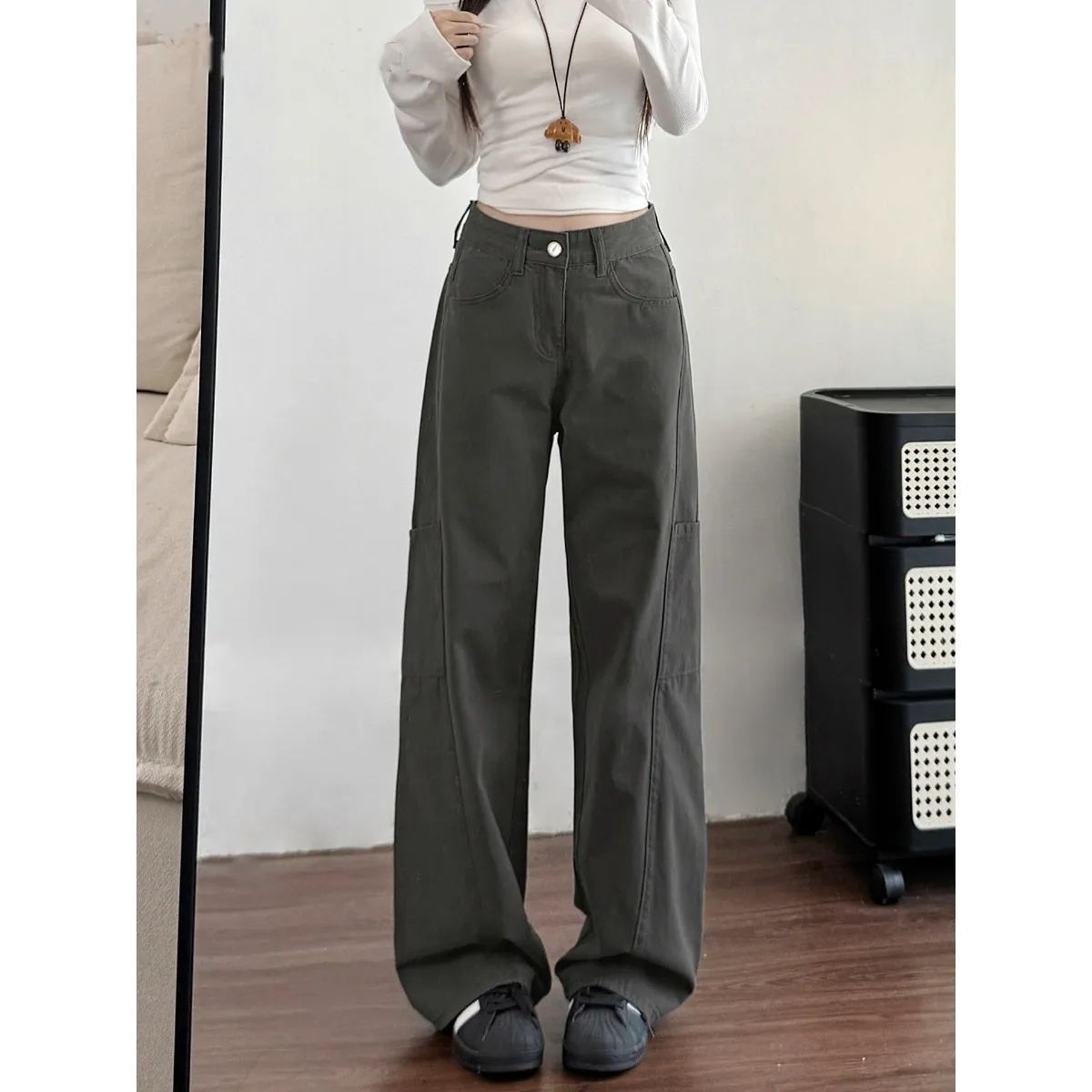 阔腿工装裤灰色牛仔裤女直筒裤子