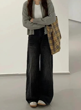 高街复古黑灰色阔腿牛仔裤女春秋季2026新款高腰显瘦宽松直筒裤子