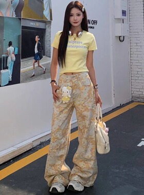 小众设计感黄色牛仔裤女夏季薄款2025新款潮高腰显瘦宽松直筒裤子