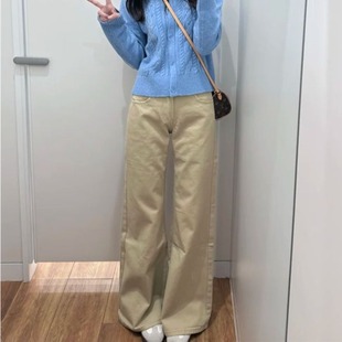 高腰显瘦宽松直筒裤 2026年新款 子 女春秋季 高质量卡其色阔腿牛仔裤