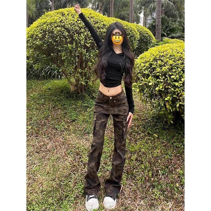 高个子迷彩微喇牛仔裤女秋季2025新款低腰修身显瘦纤细窄版直筒裤