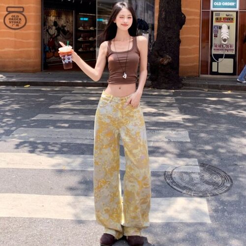 洋气减龄复古扎染印花牛仔裤子女