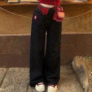 低腰显瘦宽松直筒阔腿裤 2025新款 女春秋季 刺绣kitty猫翻边牛仔裤