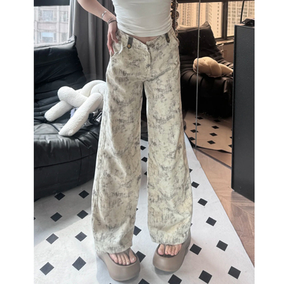 拖地裤子宽松bf慵懒风扎染牛仔裤