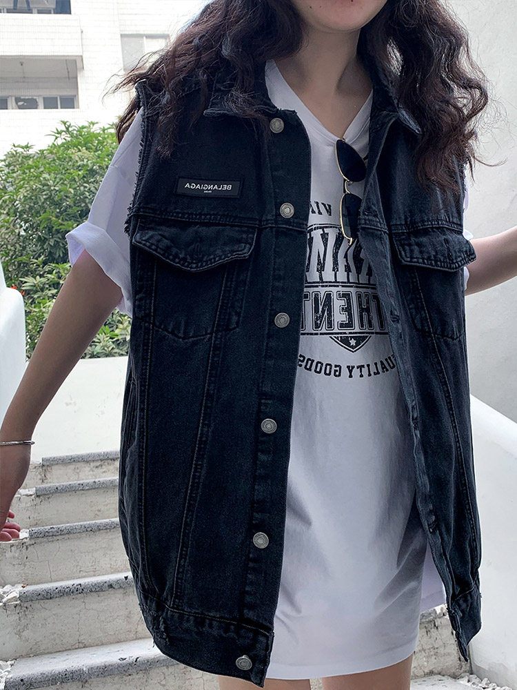 内口袋暗袋坎肩牛仔外套女夏季2024年新款无袖毛边马甲宽松夹克潮