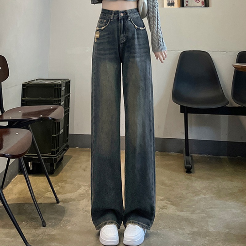 高个子破洞牛仔裤女春秋季2025新款高腰显瘦窄版直筒裤宽松拖地裤