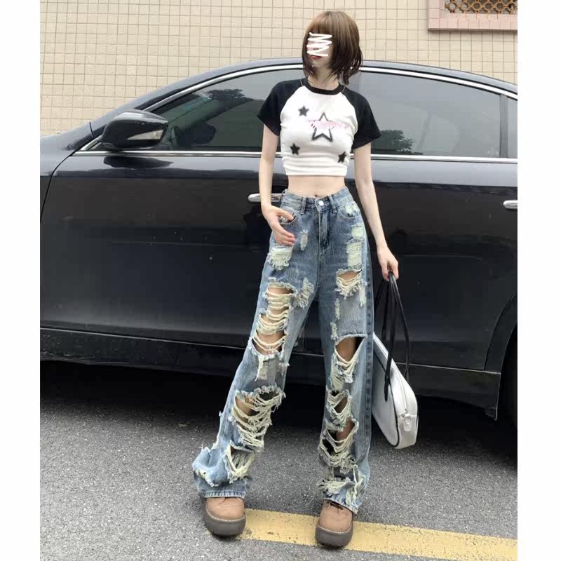 港风复古高街破洞牛仔裤女夏季2023新款高腰阔腿宽松直筒长裤子潮