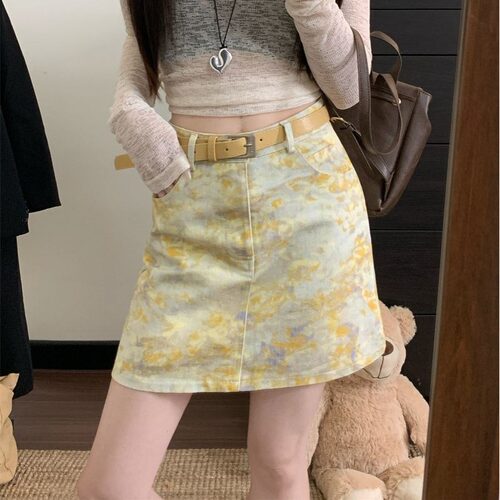法式复古扎染印花牛仔裙半身裙女