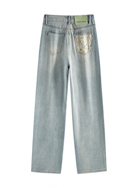 浅蓝色窄版直筒牛仔裤女春秋季2026新款高腰显瘦宽松小个子拖地裤