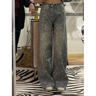 版型超好看的满钻牛仔裤女2026新款潮流风高腰显瘦宽松直筒阔腿裤