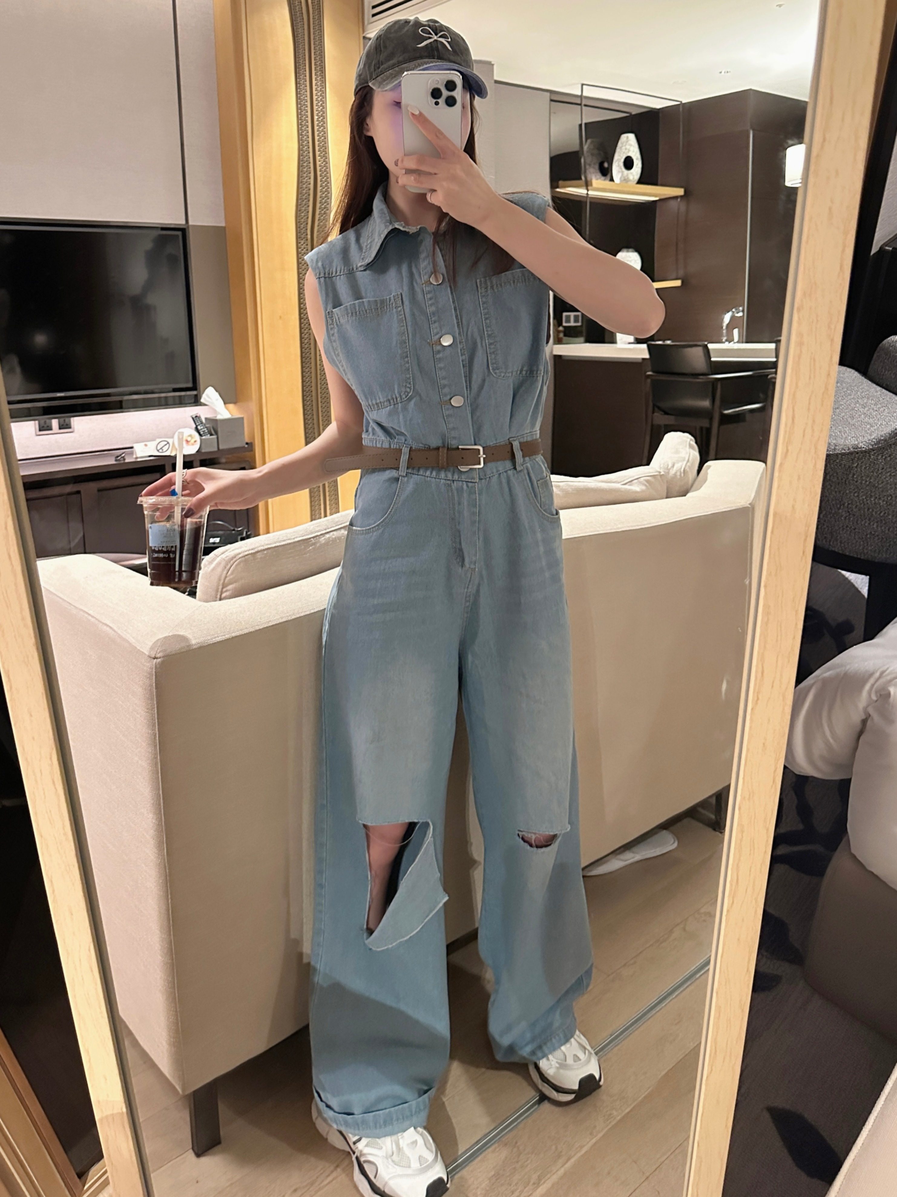 破洞牛仔连体裤女夏季薄款连衣裤