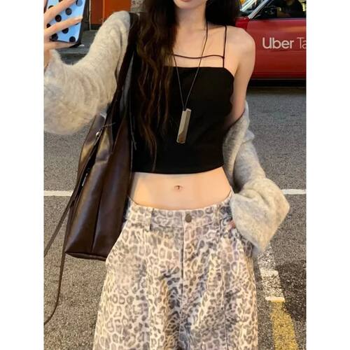 超好看的弯刀裤豹纹牛仔裤女春秋