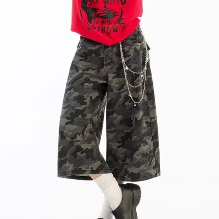 工装迷彩裤直筒牛仔短裤女七分裤