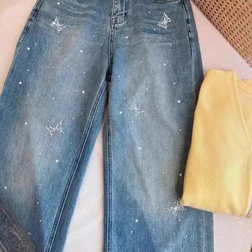 烫钻蝴蝶牛仔裤女复古风直筒裤子