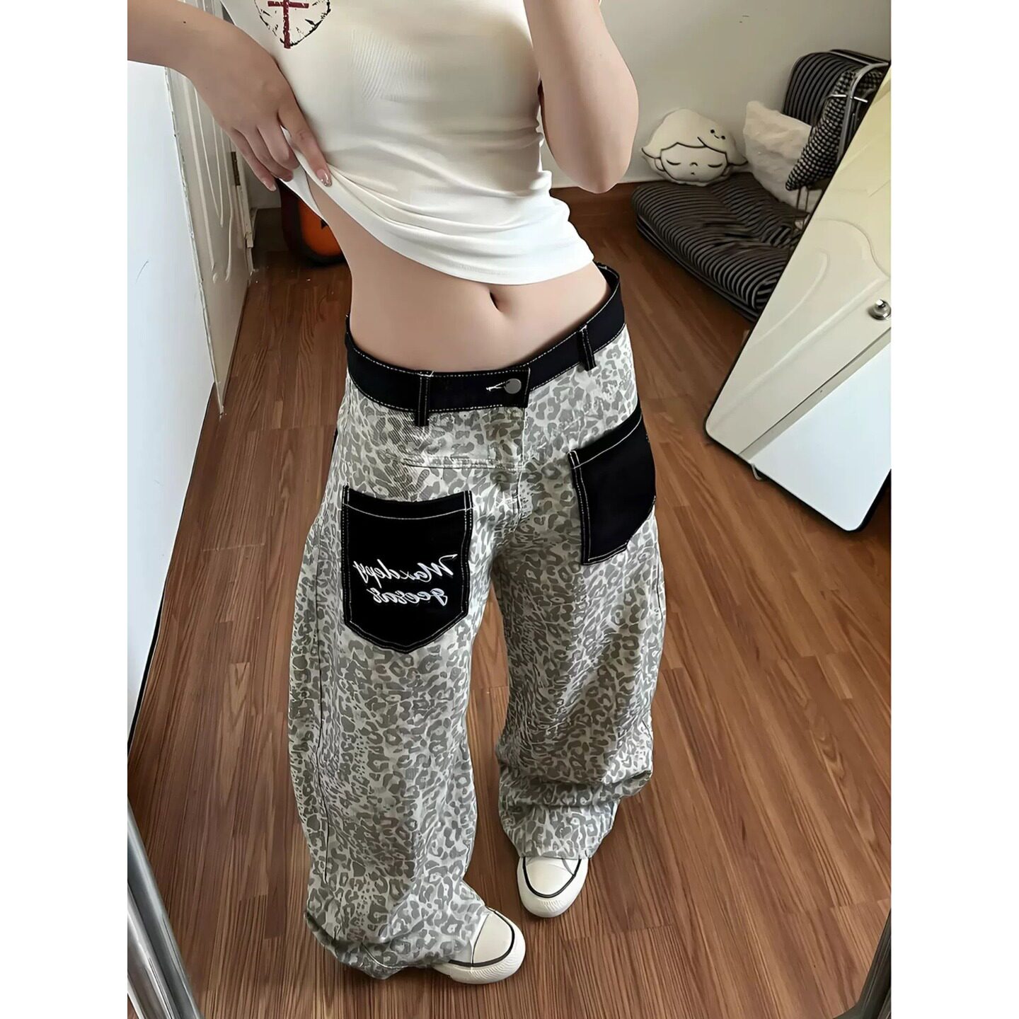 小众设计感白色豹纹牛仔裤女阔腿