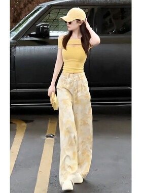 印花扎染金黄色牛仔裤女夏季薄款宽松直筒裤高腰显瘦垂感阔腿裤子