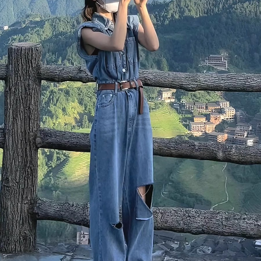 欧货无袖破洞牛仔连体裤女夏季薄款显瘦百搭直筒洋气时尚连衣裤潮