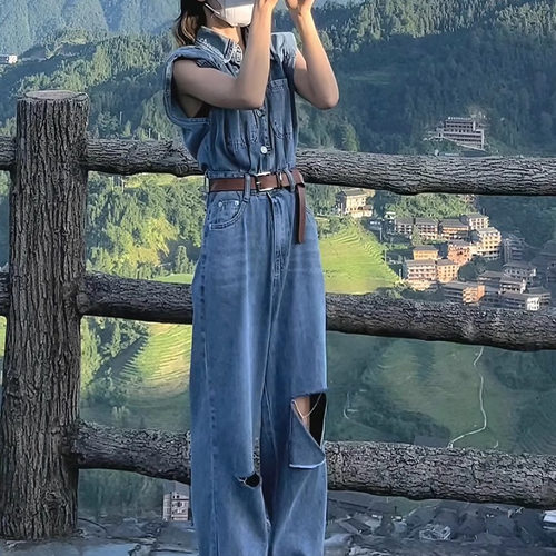 欧货无袖破洞牛仔连体裤女连衣裤