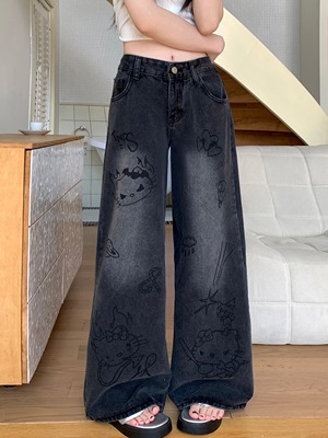 美式复古卡通印花涂鸦牛仔裤直筒