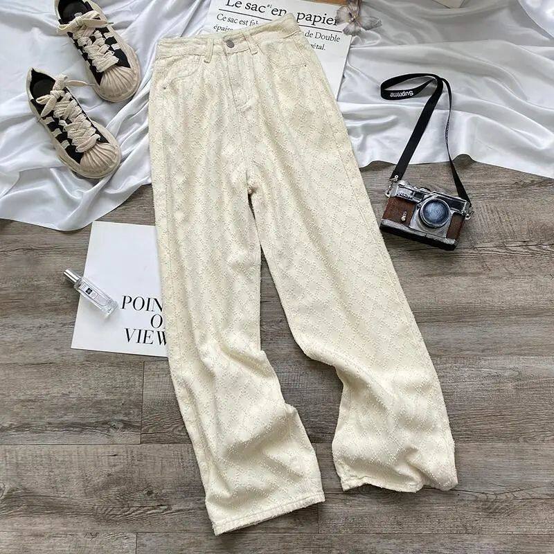 设计感菱形格提花牛仔裤女春夏季2026年新款高腰显瘦宽松直筒裤子