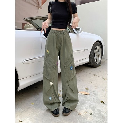 军绿色花朵刺绣工装裤女牛仔裤子