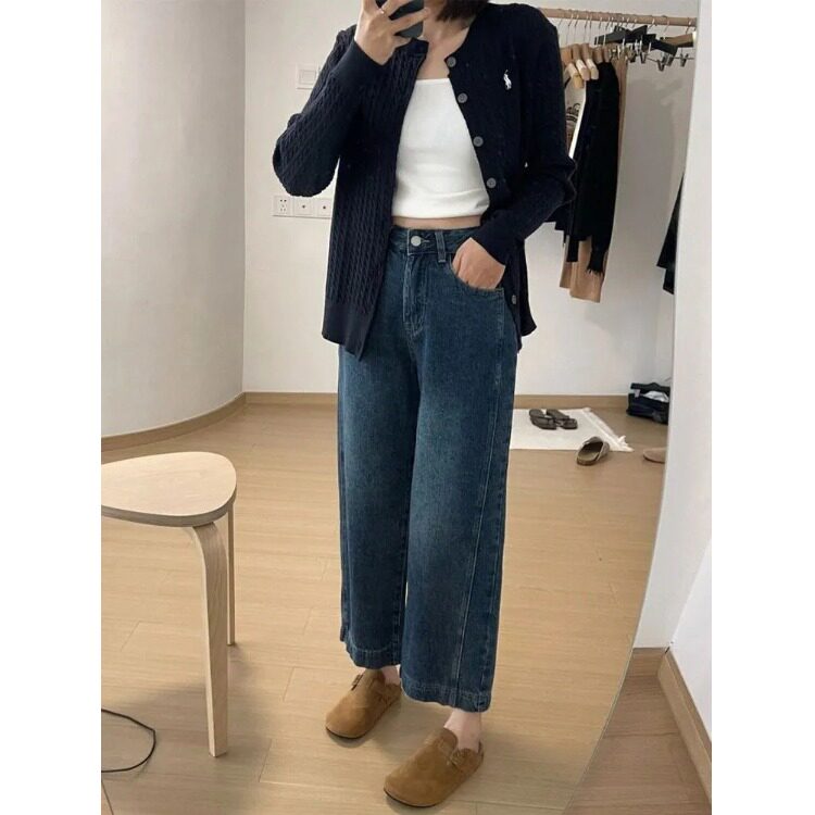 小个子阔腿牛仔裤女春夏季2025年新款深蓝高腰显瘦宽松直筒九分裤