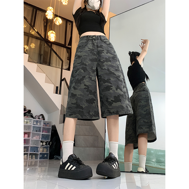 美式复古迷彩灰牛仔短裤女夏季五分裤腰显瘦宽松阔腿七分直筒裤子