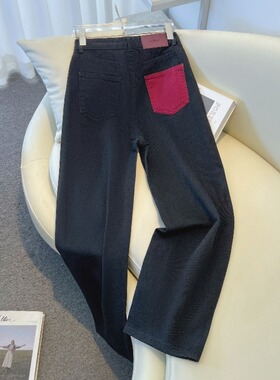 小众设计感红色后口袋牛仔裤女春秋季2024新款高腰显瘦修身直筒裤