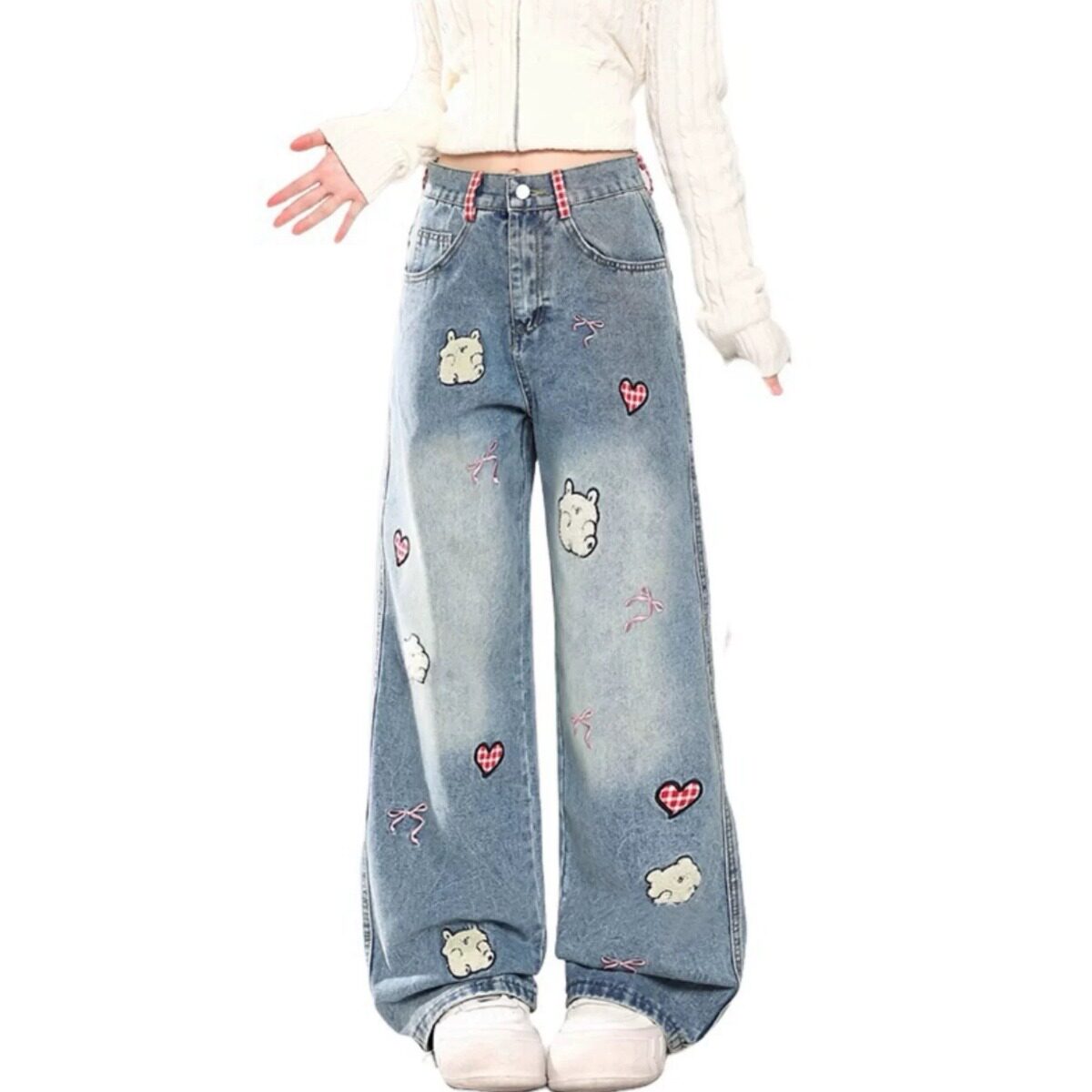 卡通刺绣蝴蝶结牛仔裤女春秋季2025新款高腰显瘦宽松直筒阔腿裤子,女装/女士精品,牛仔裤,淘宝优惠券,粉丝福利购,淘宝优惠卷