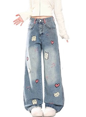 卡通刺绣蝴蝶结牛仔裤女春秋季2025新款高腰显瘦宽松直筒阔腿裤子