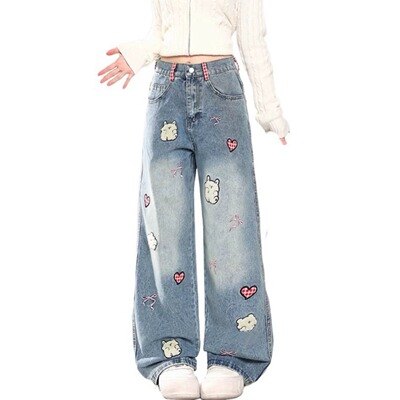 卡通刺绣蝴蝶结牛仔裤子直筒阔腿