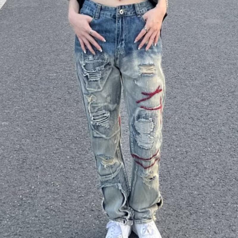 渐变美式复古高街破洞牛仔裤女高腰显瘦修身直筒裤乞丐裤子ins潮