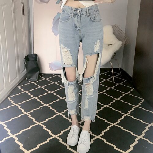 网红乞丐破洞直筒牛仔裤女八分裤