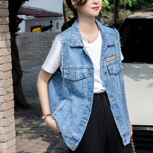 毛边坎肩牛仔外套女春夏季2024年新款暗袋宽松内口袋破洞马甲无袖