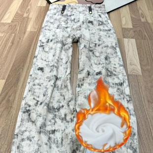 印花扎染加绒牛仔裤女秋冬季2025新款一体绒加厚显瘦宽松直筒裤子