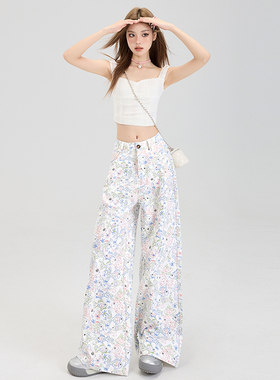 白色牛仔裤女夏季薄款2025新款印花涂鸦小鱼裤休闲裤宽松阔腿裤子